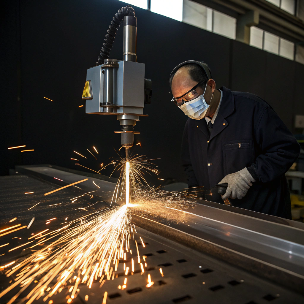 Man behind a laser cutting machine